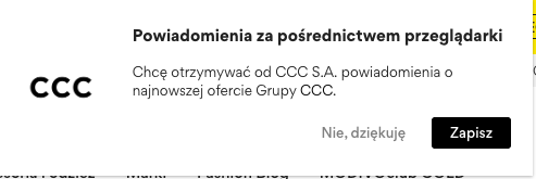 Okienko zgody na powiadomienia push w przeglądarce