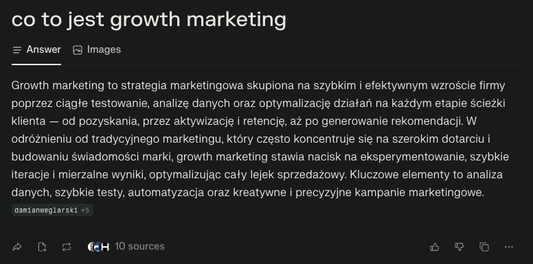 Przykład odpowiedzi wygenerowanej na&nbsp;pytanie “co to&nbsp;jest growth marketing” przez narzędzie Perplexity