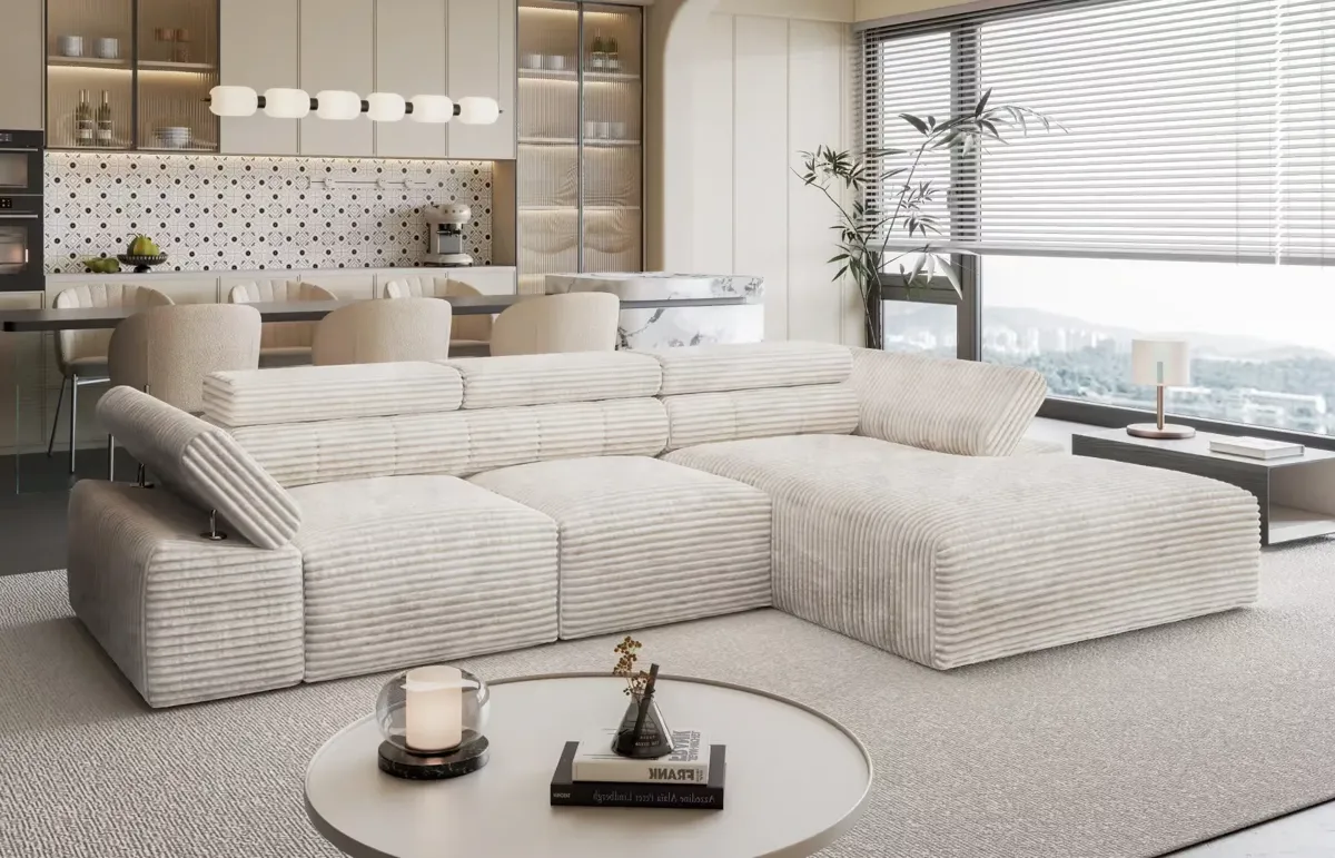Beżowa narożna sofa w nowoczesnym salonie – case study Moderno Meble